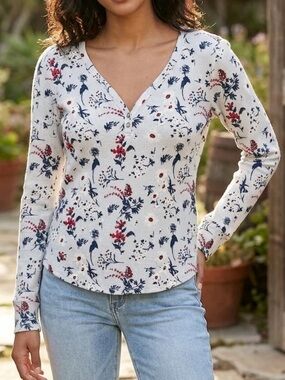 Lucky Brand floral Henley blouse V-Neck Long Sleeve Top